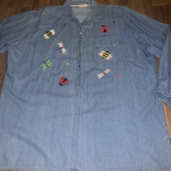 MILI DESIGNS DENIM BUTTON DOWN SHIRT TOP SIZE 1X STITCHED Bees Bugs,, - Picture 2 of 16